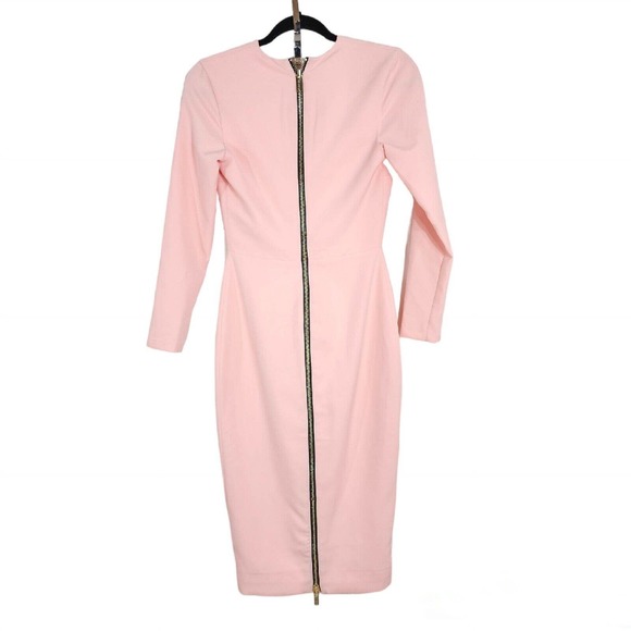 House of CB Womens Dress Dominique Baby Pink Full Zip Deep V Neck Bodycon Sz XS - Picture 2 of 12